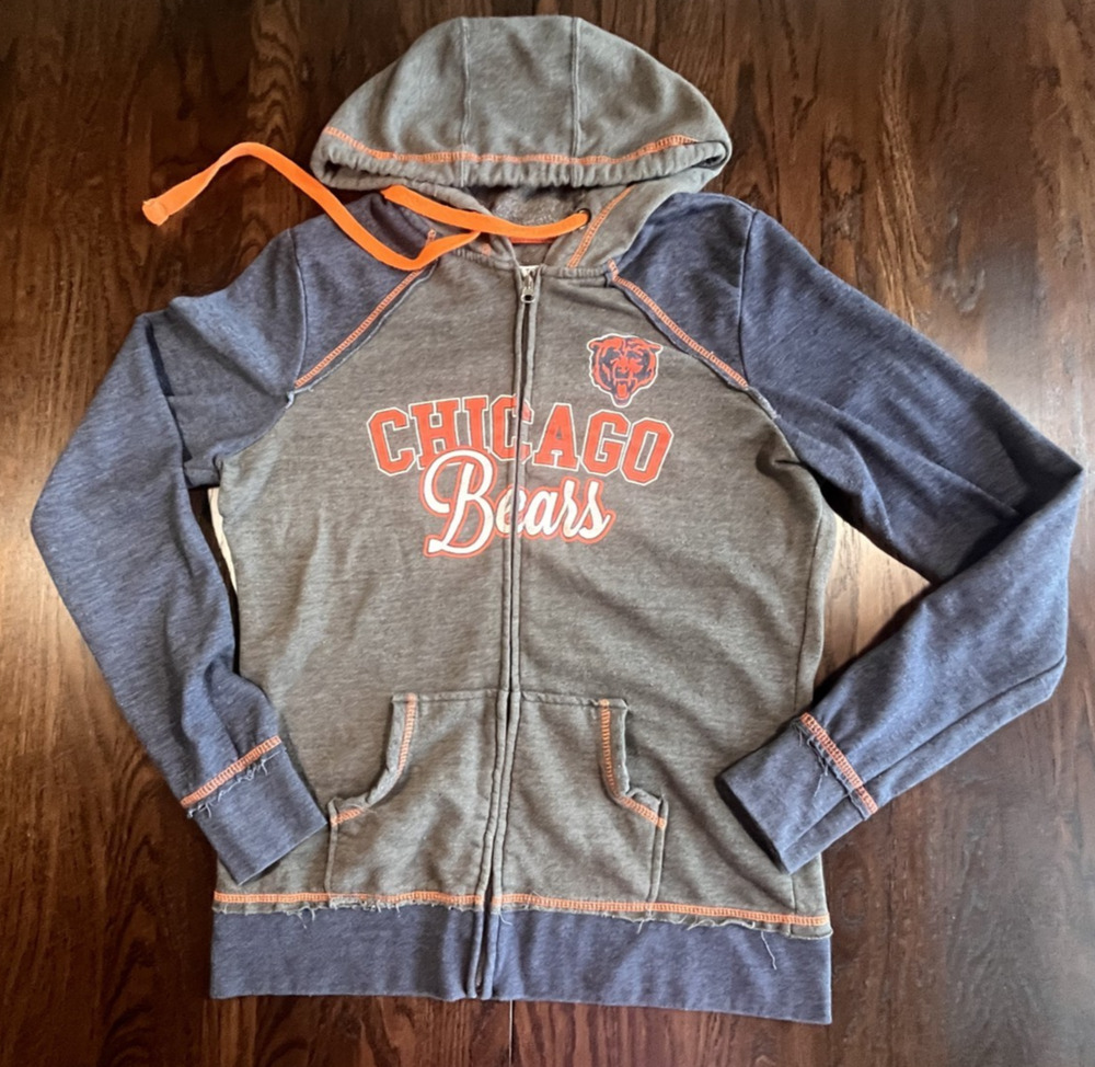 Chicago Bears NFL Zip Up Womens Hoodie Distressed Navy Gray Medium